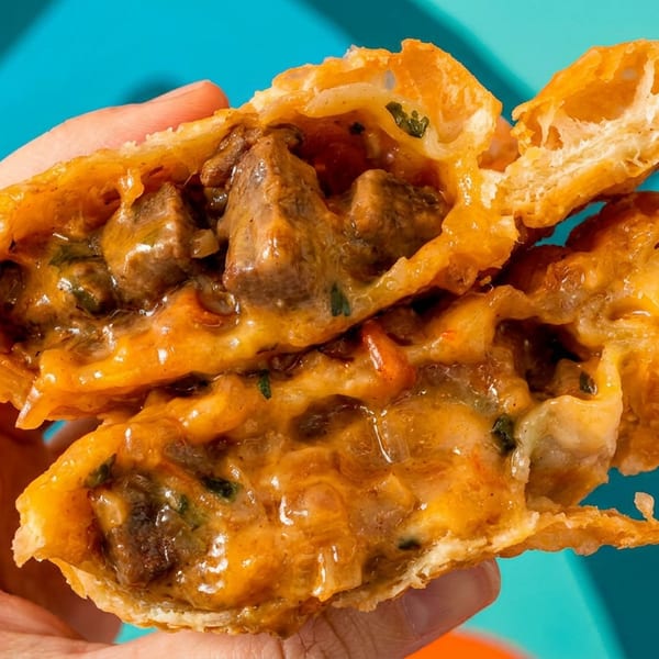 A hand holds a golden-brown pastry, split open to reveal a savory filling of beef and melted cheese.