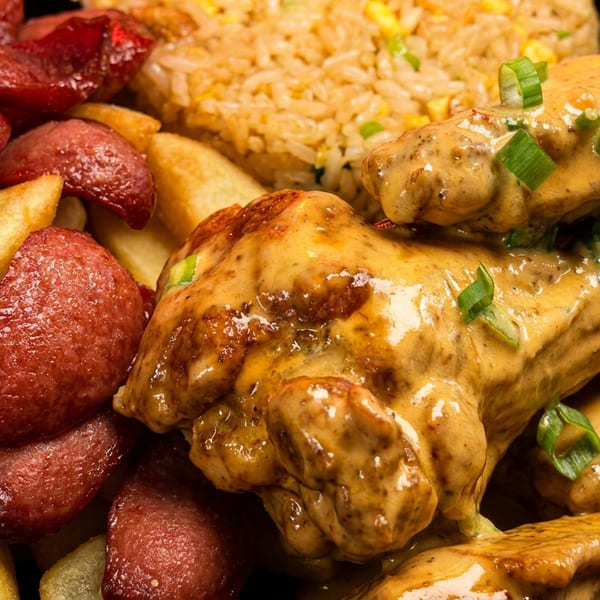 Close-up of a meal with fried sausages, french fries, fried rice, and sauced chicken wings.