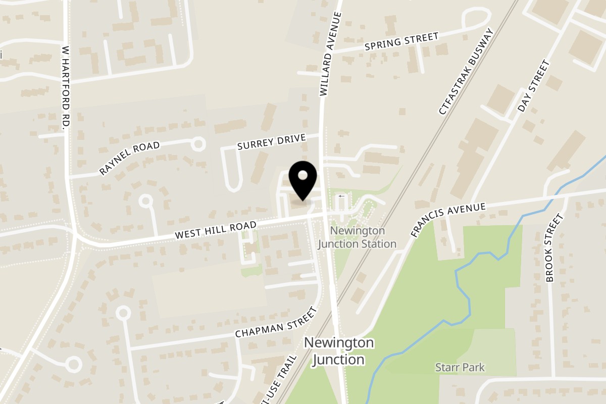 Map showing the location of The Rockin Chicken on 236 W Hill Rd in Newington